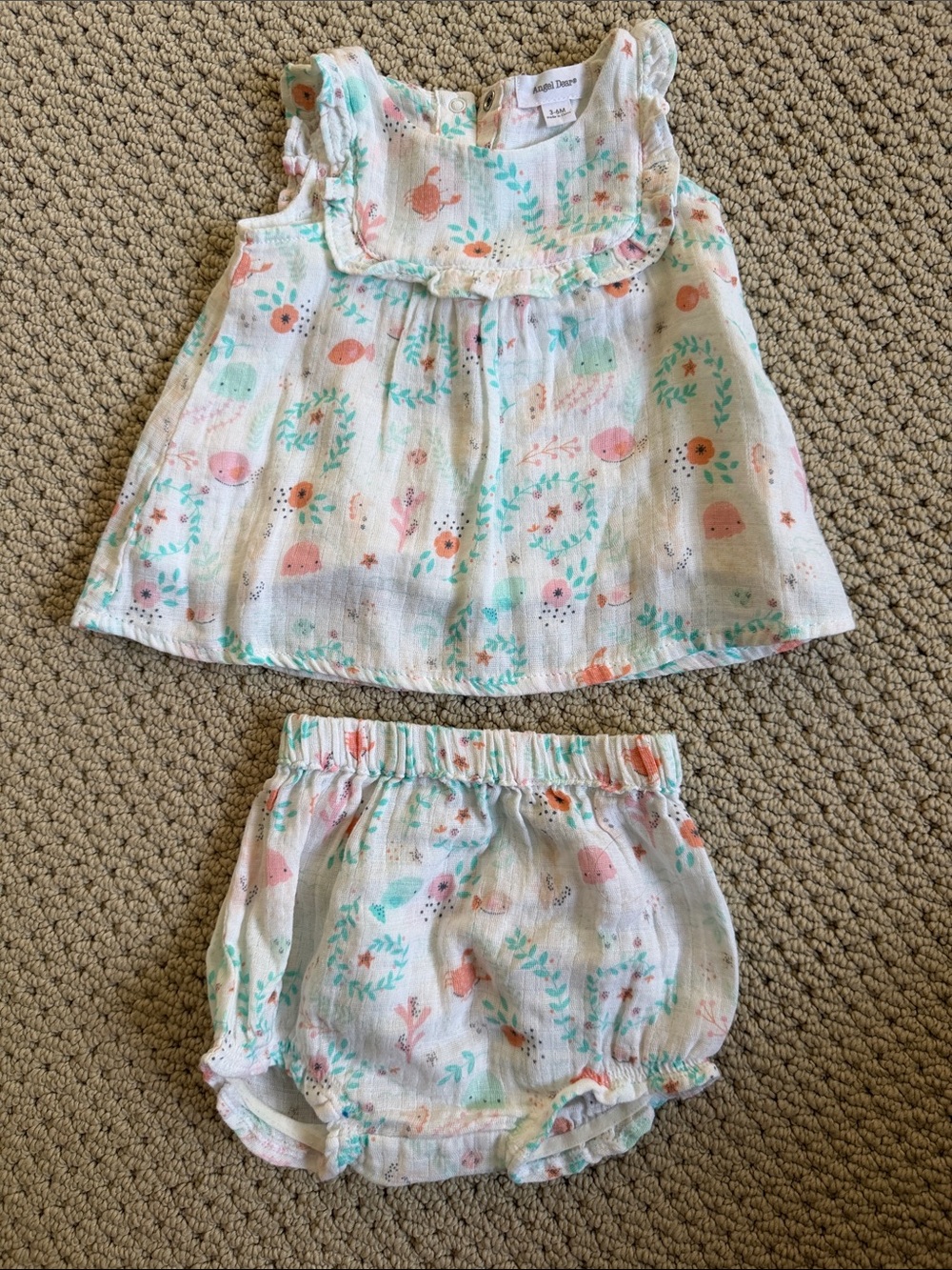 Angel Dear White Muslin Tank Top & Bloomers Set with Mint and Coral Print